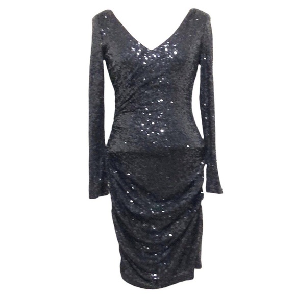 Badgley Mischka Cocktail Dress Size Small Black Sequin Ruched Bodycon - Picture 1 of 10